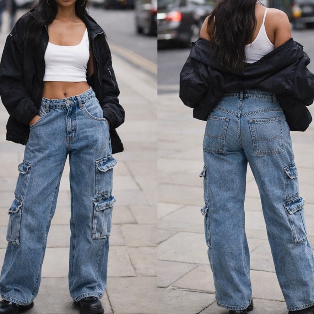 Garage Denim Cargo Jeans Size 00 / 23 High Rise Wide Leg Y2K Utility Blue
